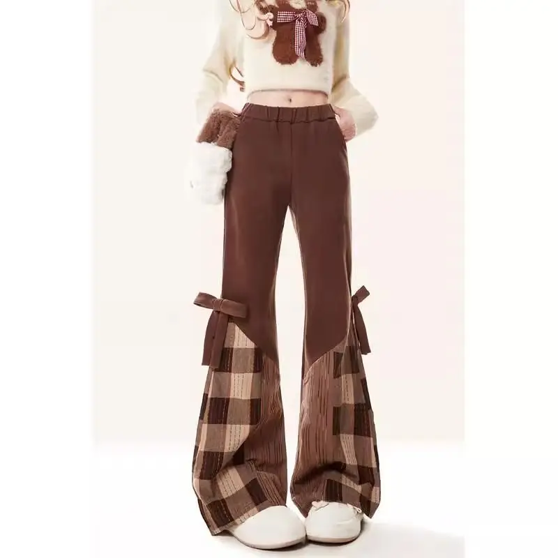 

Japan Retro Coffee Color Splicing Plaid Trousers Spring Autumn New Popular High-Waisted Autumn Winter Slim Design Trousers