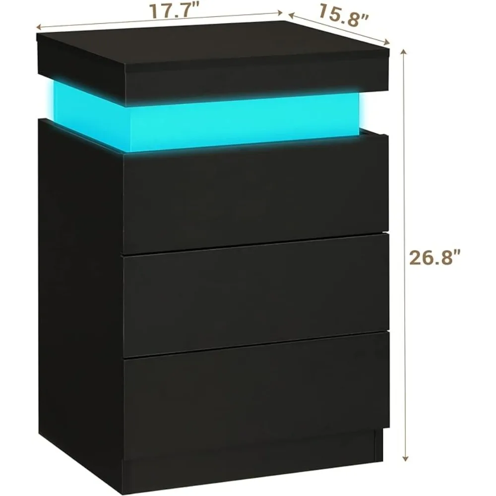 Mesita de noche LED con 3 cajones para dormitorio, luces de 16 colores y 2 puertos ca y USB, mesita de noche para dormitorio