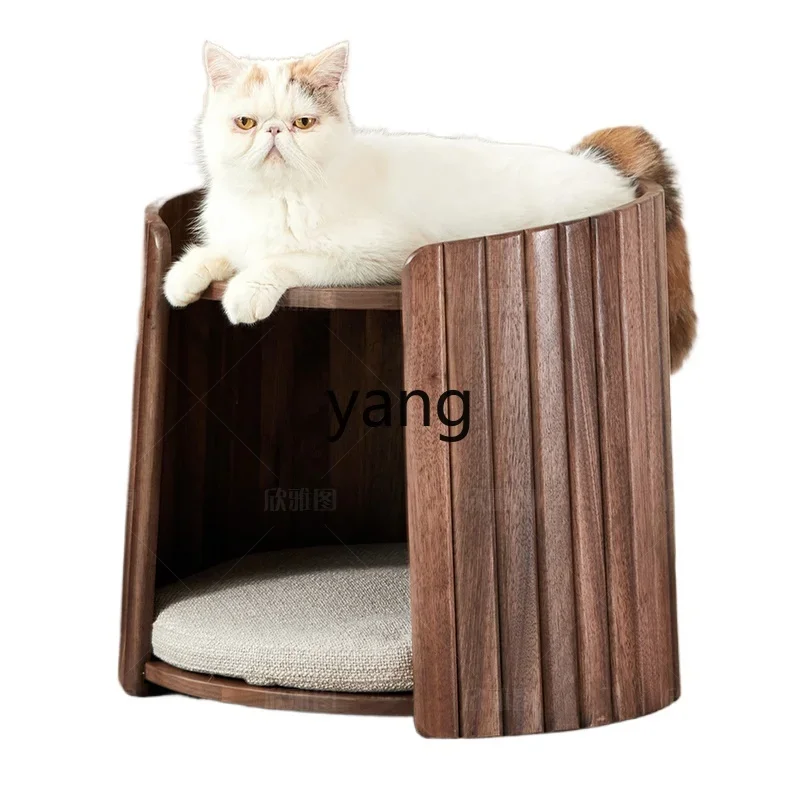 

Yjq Black Walnut Solid Wood Sofa Side Table Living Room Cat Nest round Cattery Cat Small Tea Table