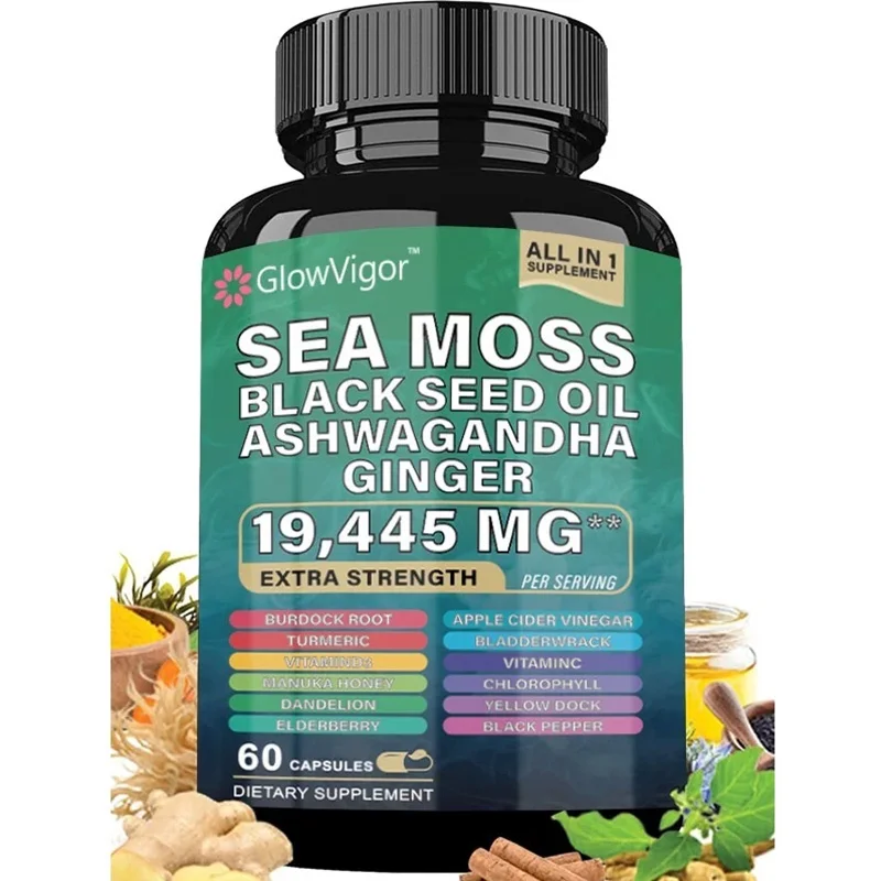 

GlowVigor Sea Moss 7000 мг Масло черного семян Ashwagandha Куркума Pladderwrack