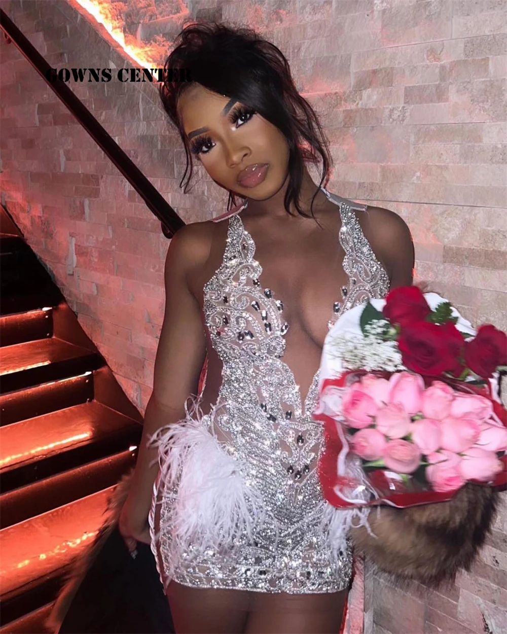 

White Feathers Silver Rhinestone Prom Dresses Mermaid Birthday Dress Black Girl Luxury Mini Cocktail Gowns vestidos Customized