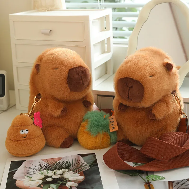 24cm Kawaii Capybara ตุ๊กตากระเป๋าของเล่นตุ๊กตาสัตว์ Capybara พีช Apple Persimmon Poop จี้ตกแต่งสําหรับเด็กหญิง xmas ของขวัญ