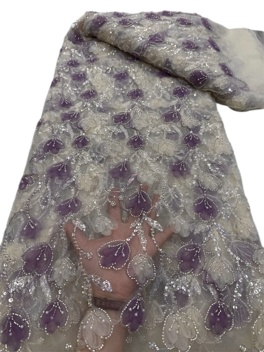 

Handmade Two-color Ribbon Embroidery Net Lace Full Beads For Women, Luxury Fabric, Wedding Dress, New Fashion Design,Top Quality