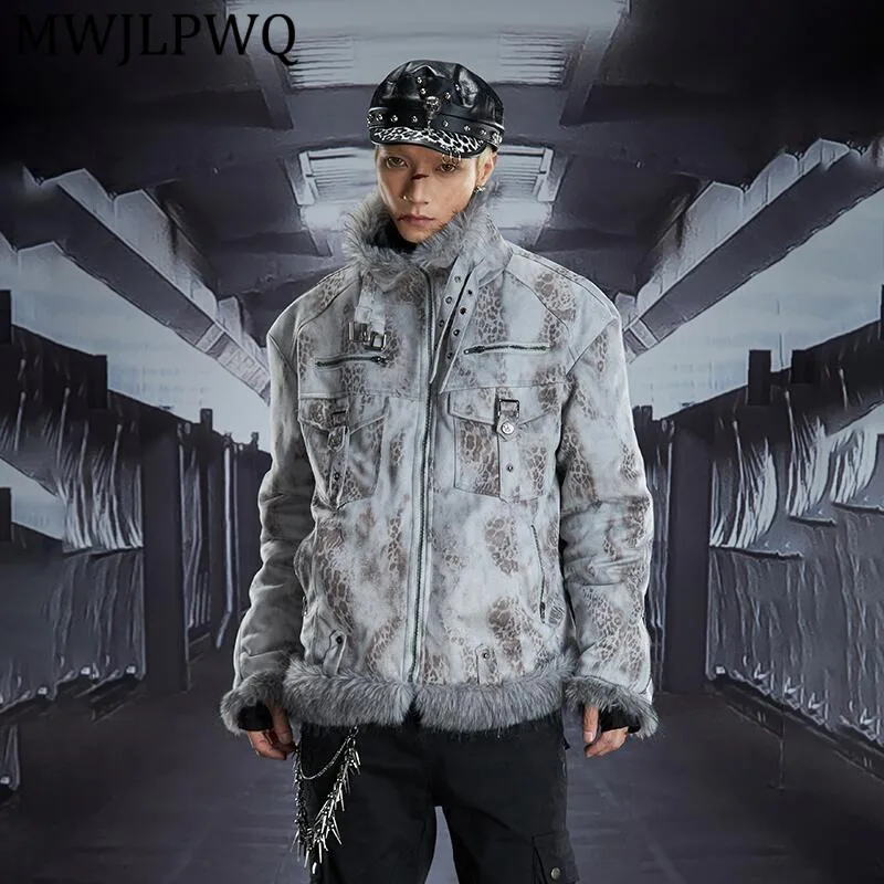 

MWJLPWQ Men's Fur Stand Collar Zipper Loose Cotton Jacket High Street Printed Design Niched Thickened Padded Coat Winter 13017