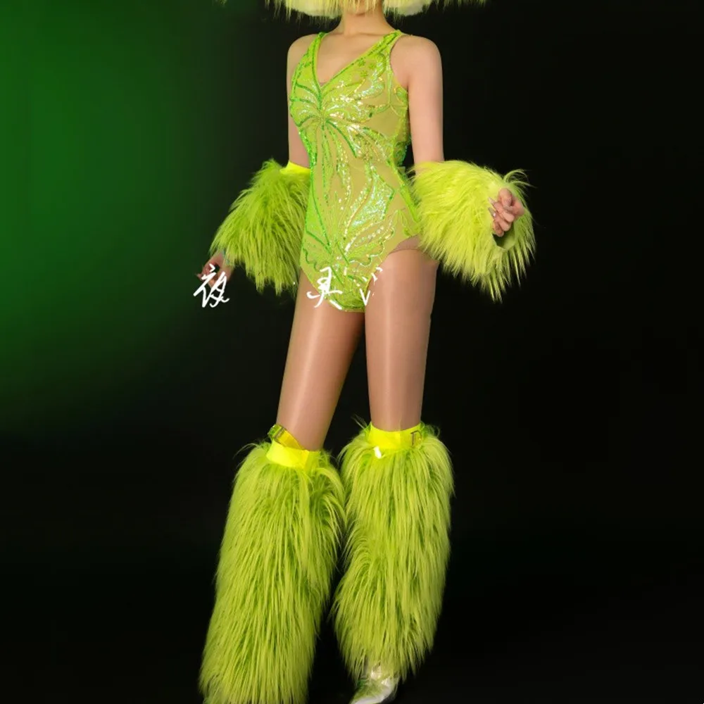 

Fluorescent Green Plush Cuff+Leg Cover+Sequin Bodysuit Dance Outfit Sexy Bar Singer Concert Stage Party Performance Costume