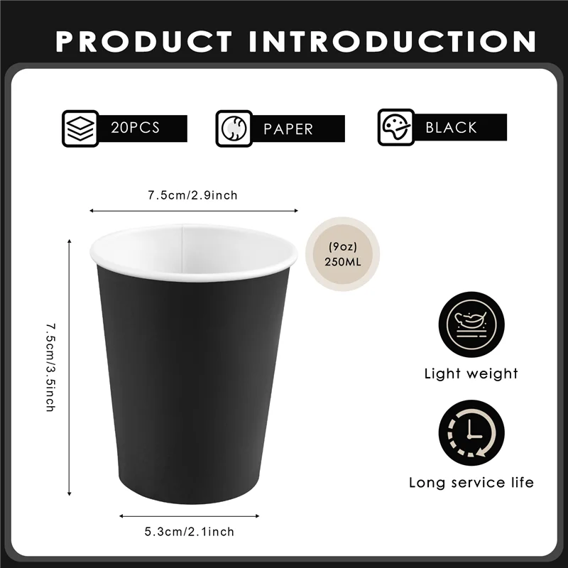 20 Pappbecher (9 Unzen) – einfarbig, einfarbig, Geburtstagsparty-Geschirr, Catering (schwarz)