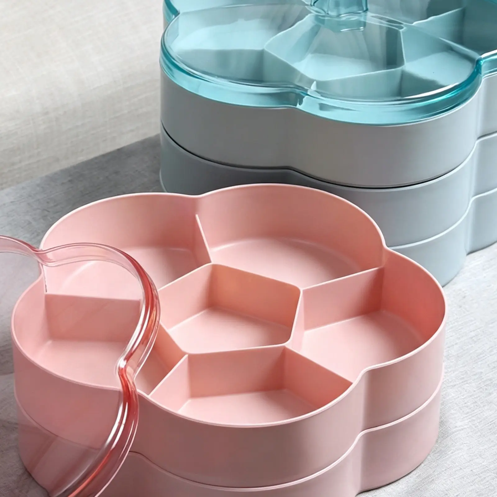 Pink Double-Layer Snack Serving Tray with Transparent Lid, Compartmentalized Dried Fruit, Candy, Nut & Veggie Plate