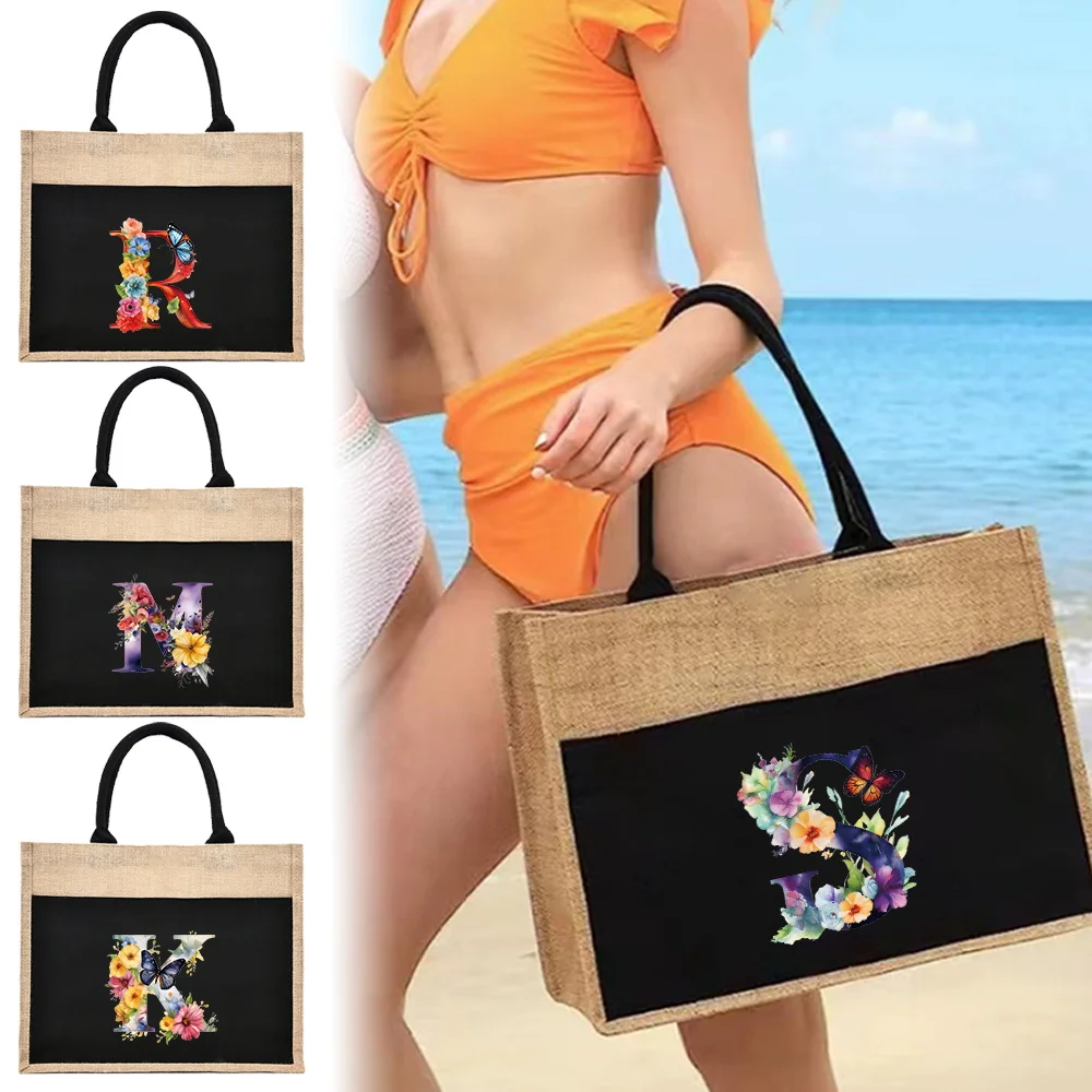 Handheld Linen Bag Reusable Foldable Fashion Casual Commuting Bag Portable Butterfly Letter Pattern Printing Series