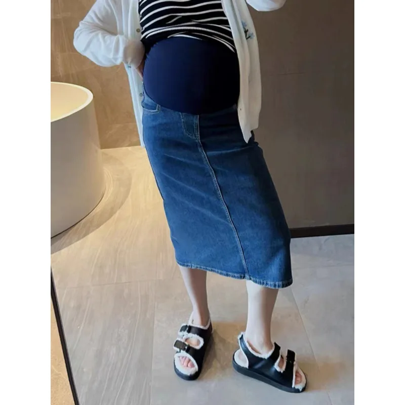 Rok Denim ibu hamil modis rok ibu hamil model A-Line wanita hamil belahan pinggang tinggi rok pensil kehamilan Panjang setumit antik