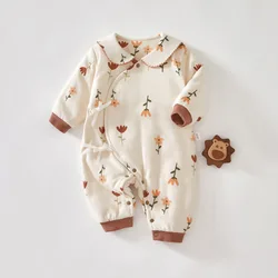 Newborn Babysuit Thickened Comfortable Double Layer Warm Cotton Printed Butterfly Clothes Autumn and Winter Monk Clothes