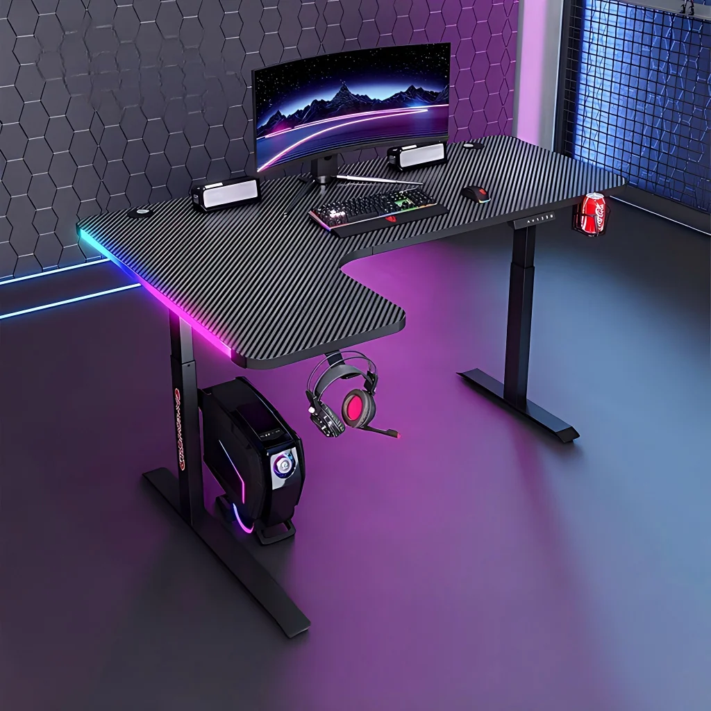Carbon Fiber Surface L-shape Ergonomic Smart Electric Lighting Adjustable Height RGB Gaming Computer Desk Cup Holder Headphone