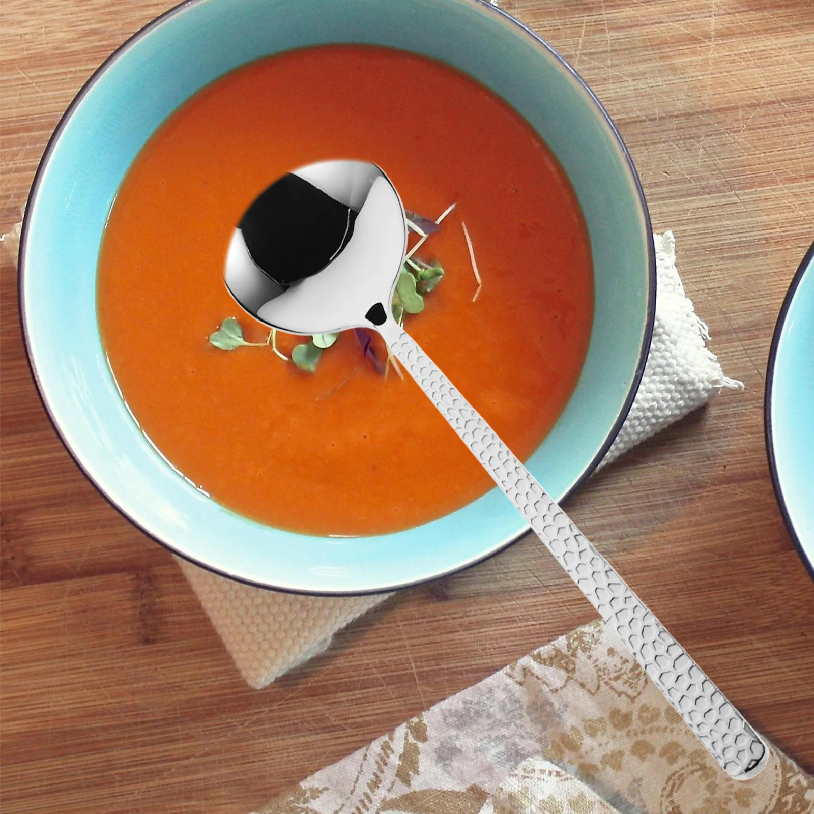 

Large Stainless Steel Hammered Texture Long Handle Spoon for Soup Rice Serving Kitchen Utensil Cooking Serving Spoon for Home