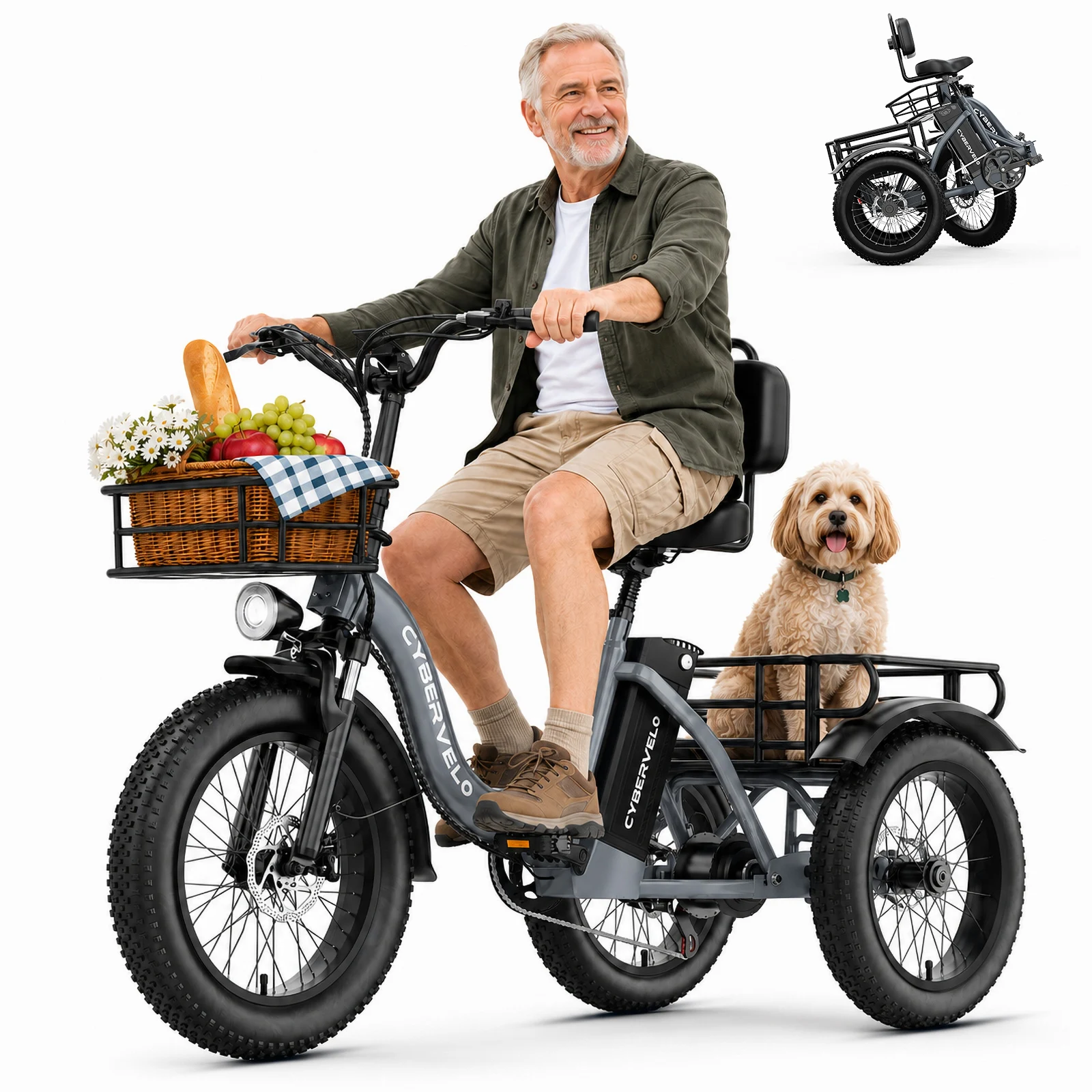 Cybervelo C16 Adult Electric Tricycle 1000W Peak Folding Fat Tire Step-Thru Etrike 20.8Ah Removable Battery Cargo Electric Trike for Seniors