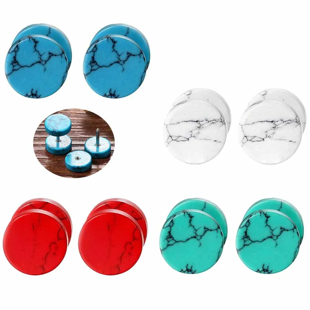 4 Pairs Unisex Marble Stone Screw Stud Earrings Set Ear Piercing Plugs Faux Gauges Illusion Tunnel Earrings