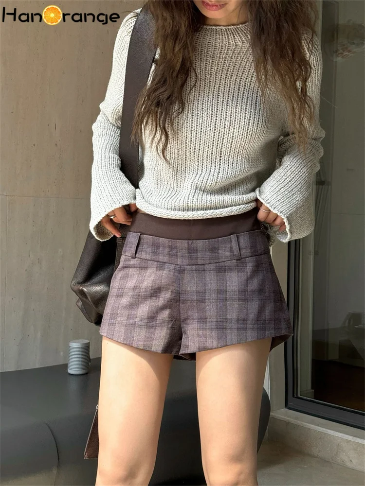 HanOrange 2024 Autumn Retro Spicy Girl Patchwork Plaid Casual Shorts Women Slim Fit Shorts Coffee Stripes/Gray Stripes