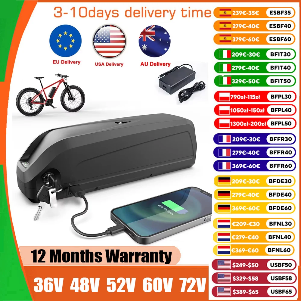 

21700 18650 Hailong MAX Ebike Battery 36V 52V 48V Lithium Battery Pack For 350W 500W 750W 1000W 1500W Electric Bicycle Kits