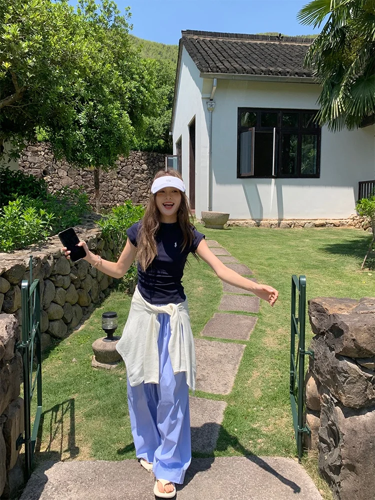 

Синие женские брюки с широкими штанинами и тонкими полосками, прямые повседневные брюки с высокой талией, летняя новинка, эффект похудения