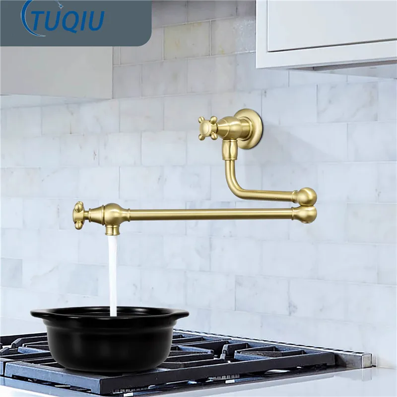 Brushed Gold Pot Filler Tap Wall Mounted Foldable Gray Kitchen Faucet Single Cold Sink Tap Rotate Folding Spout Gold Brass