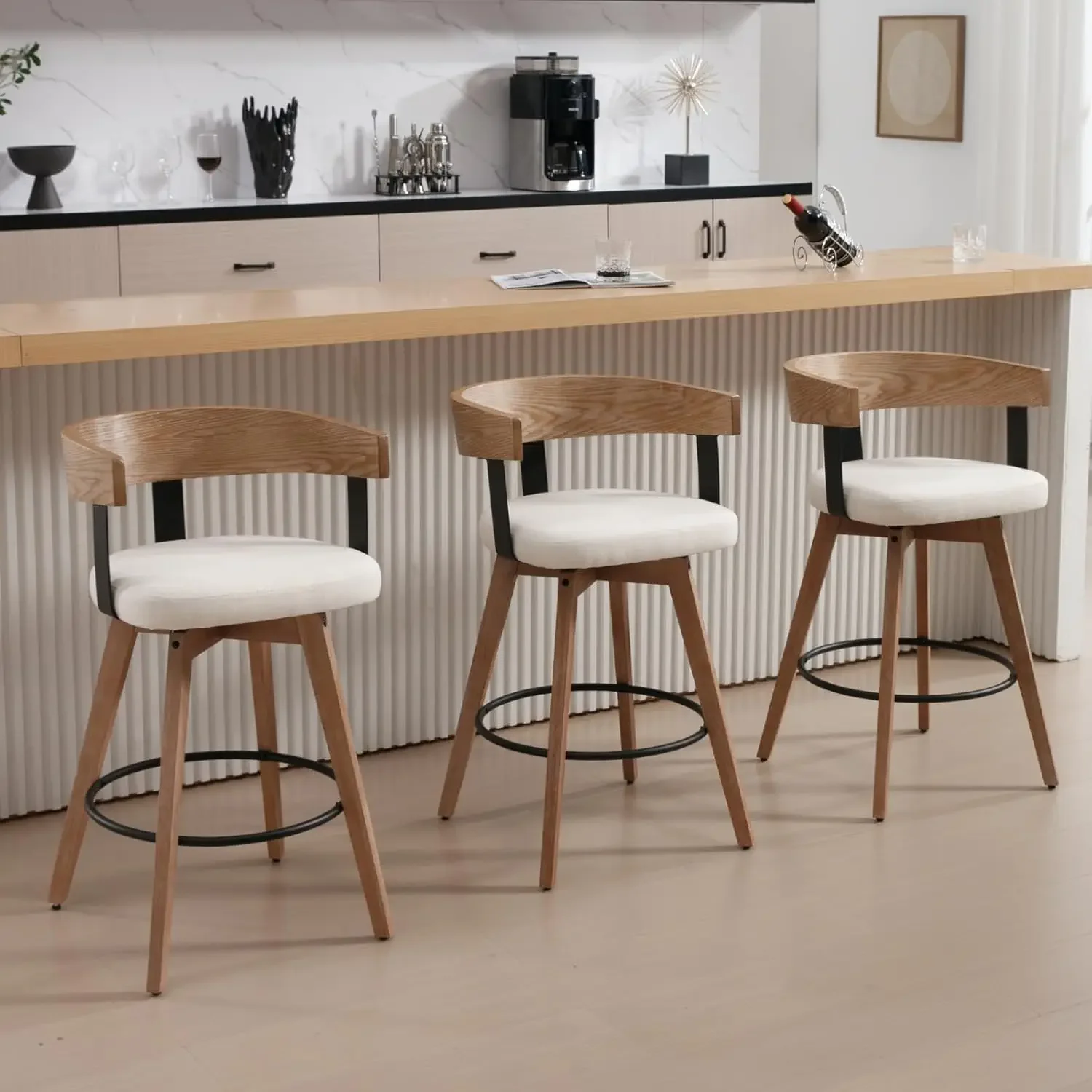 Mid-Century Bar Stools Set of 3, 26 Inch Swivel Counter Height Stools Linen Fabric Barstools with Barrel Backrest Wooden Legs fo