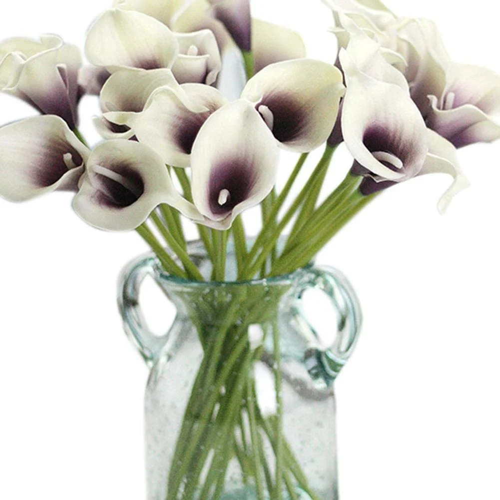 Mini Calla Lily Artificial Flower Bloom PU Heads Branch Bride Wedding Bouquet Home Office Farmhouse Spring Decor, 10 Pack,White