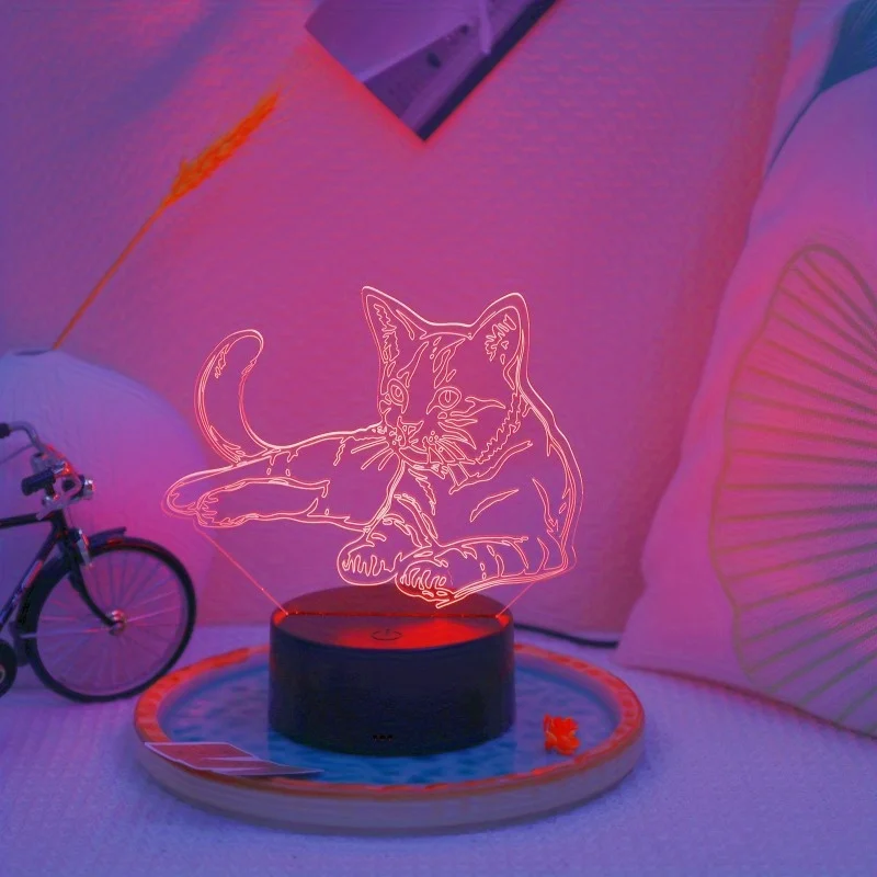 USB Plug-in Touch 3D Cat Night Light, Lâmpada de Mesa Decorativa para Quarto, Luz Atmosférica, Novidade Desktop Table, 7 Cores