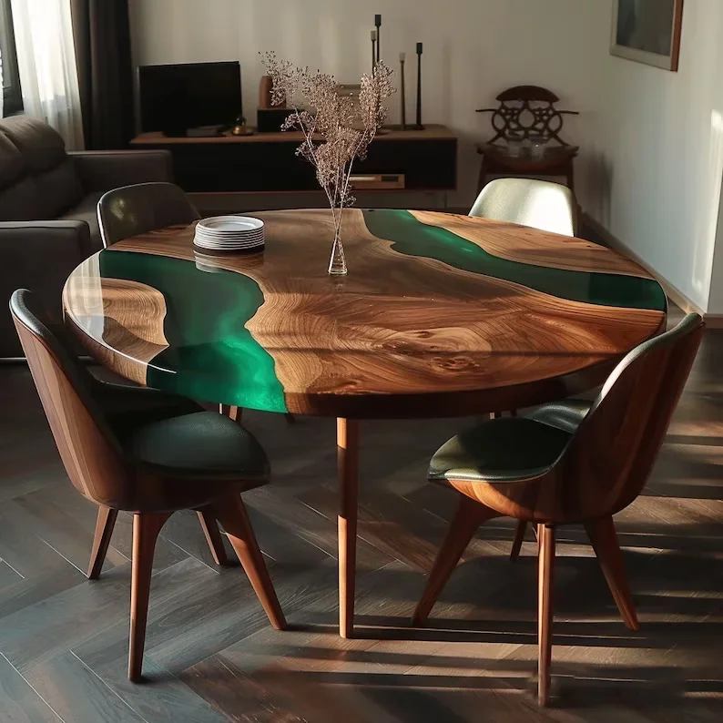 

Обеденный стол из натурального дерева с декоративной эпоксидной смолой, дизайн речного стола для кухни, мебели для гостиницы и гостиной