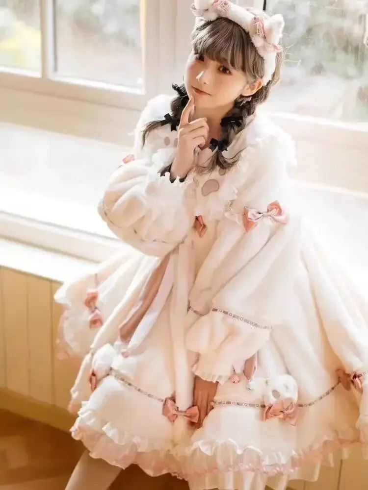 Pequeno leite meow gato lolita vestido de pelúcia op outono inverno manga longa engrossado roupas de ano novo festa de aniversário bonito saco da menina