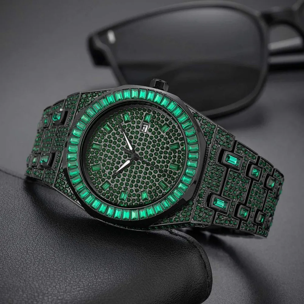MISSFOX Luxury Watch For Men Green Iced Out Diamond Hip Hop Quartz Waterproof Clock Men Square Diamond Male Wrisrwatch 2026 New