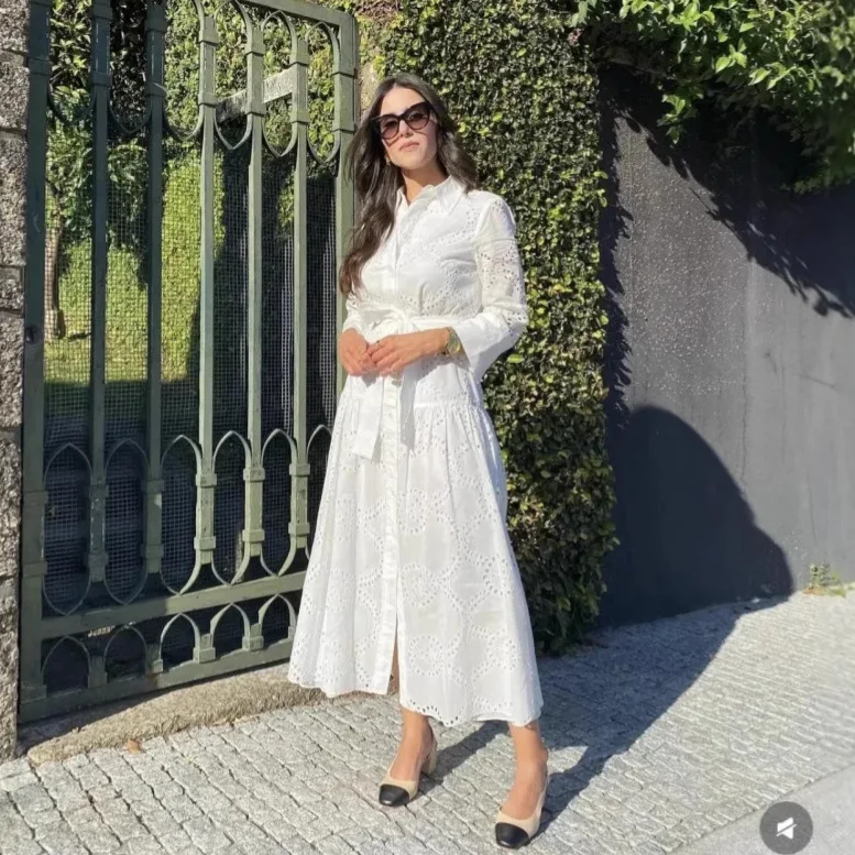 

Женское платье KIDCRKJ с вышивкой, весеннее, с отложным воротником, вырезами и разрезом, макси, универсальное, элегантное