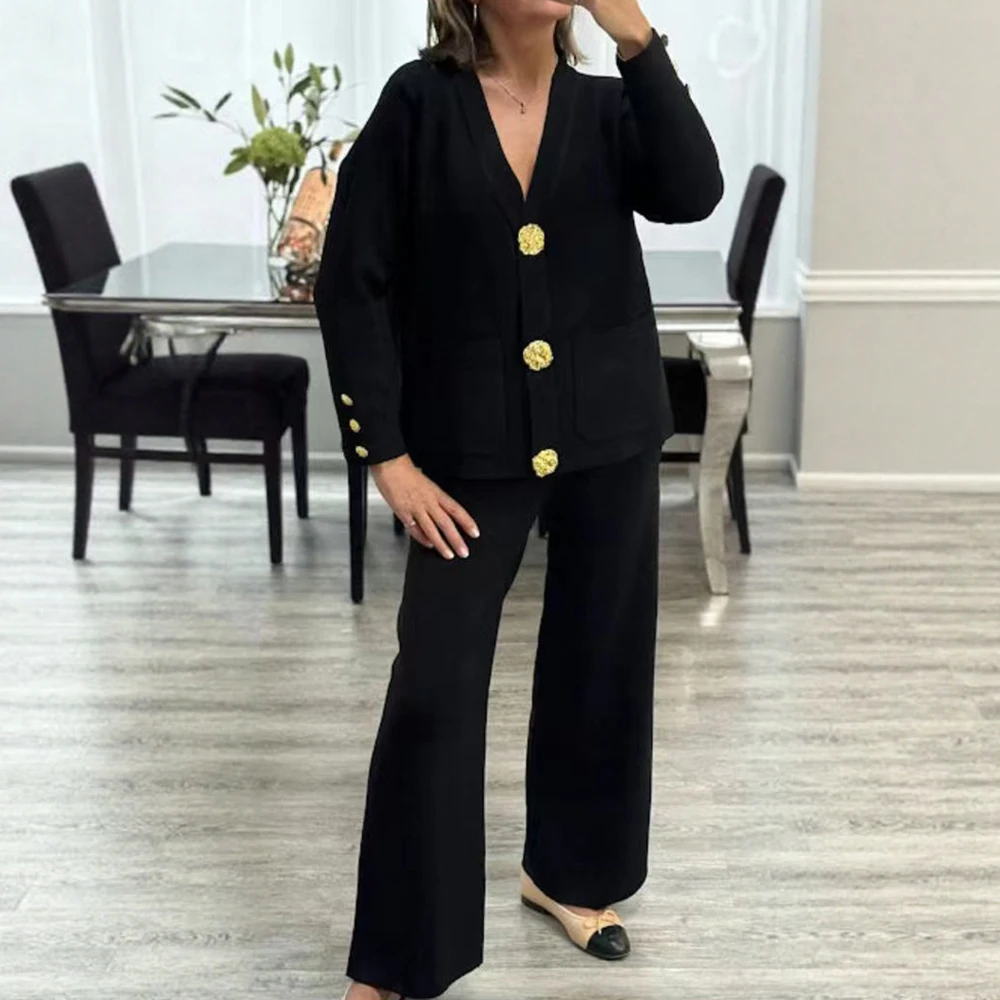Conjunto de dos piezas de punto informal para mujer, cárdigan de punto con hebilla de Metal, suéter y pantalones de pierna ancha para primavera y otoño