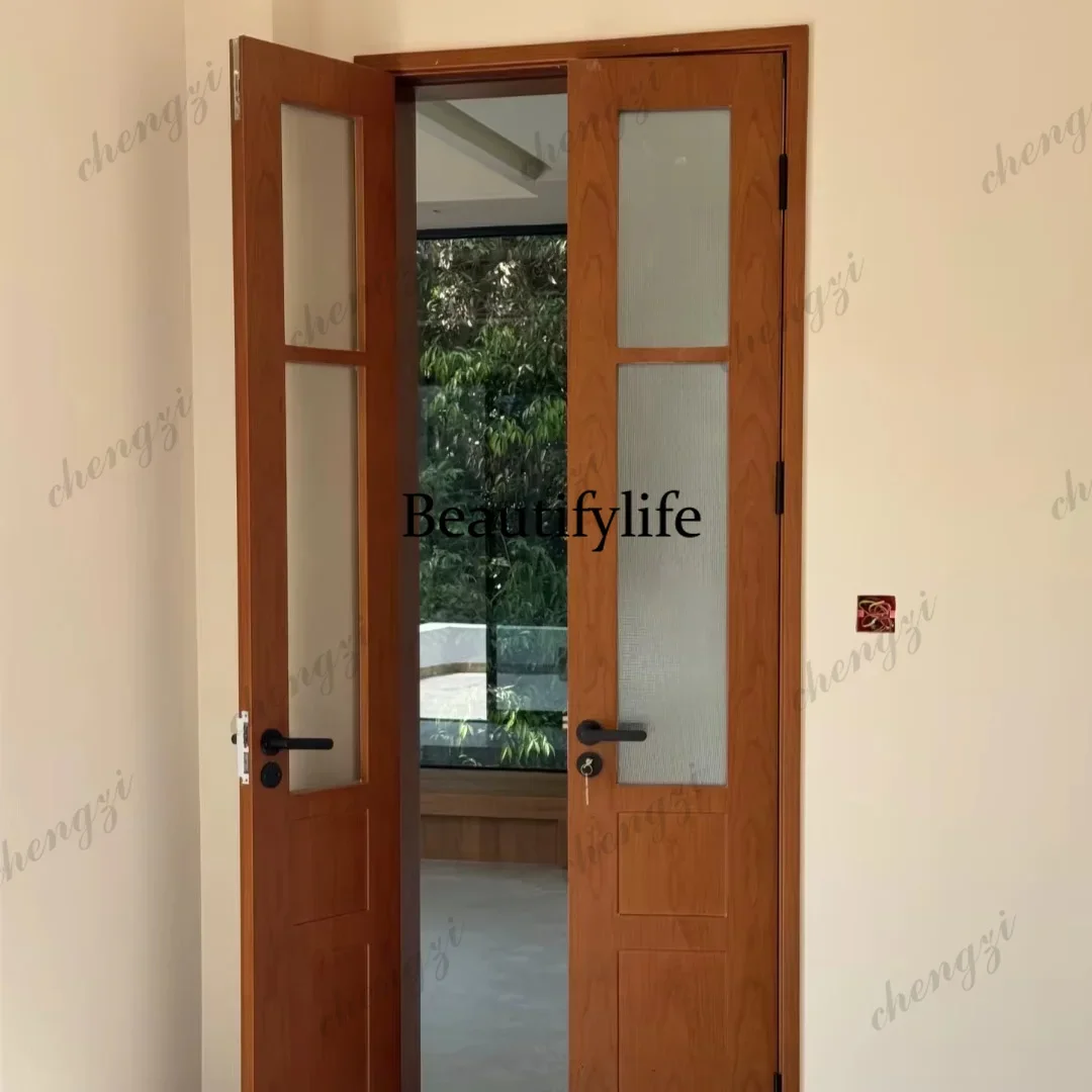 K153  Z183 Customization Modern Solid Wood Double Door With Frosted Glass Panels For Bedroom Bathroom & Apartment Use Sound Insu