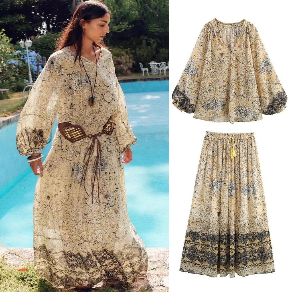 

Chic Elegant Midi Skirts Two Pieces Sets For Women 2025 New Fashion Printed Shirts Top Women's Suits Casual 2 Piece Woman Outfit