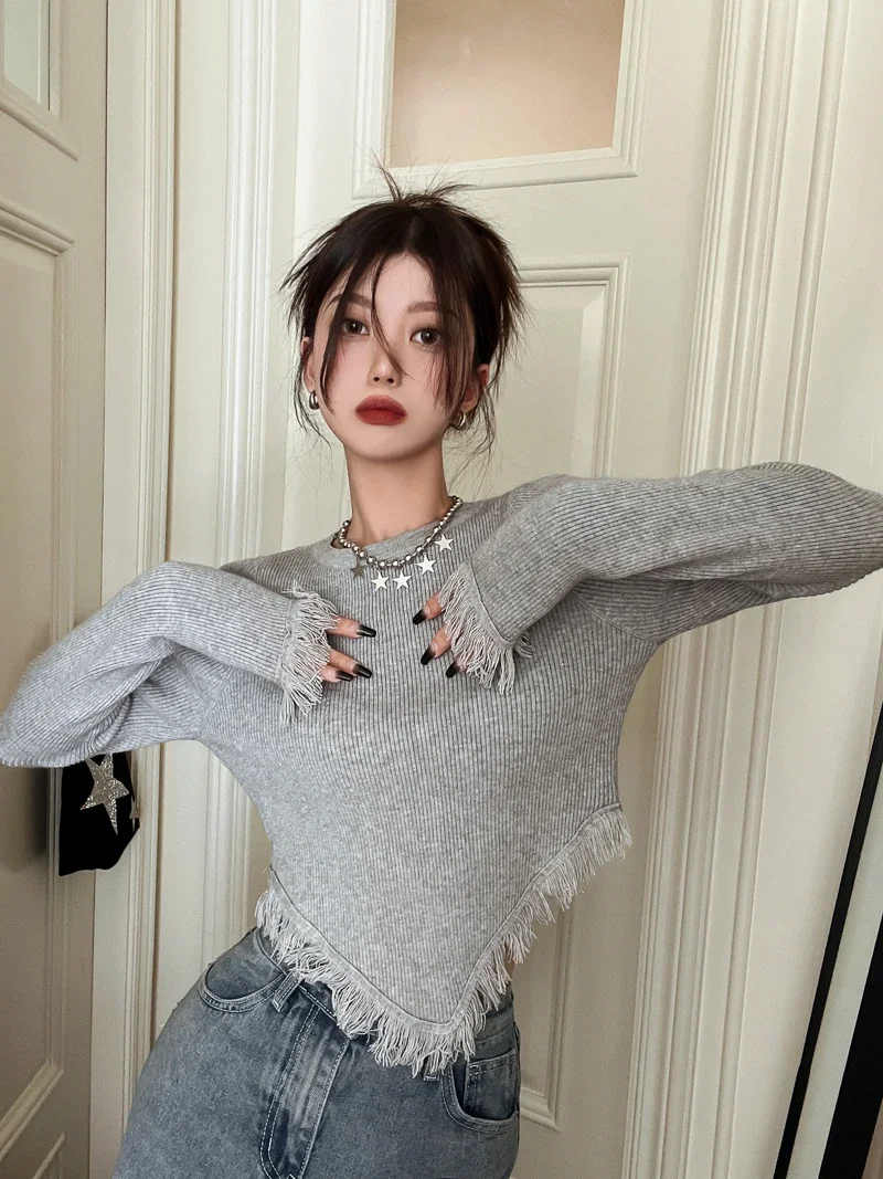 

Korean Style T Shirt Women Knitted Long Sleeve Shirt Tassel Y2k Vintage Tee Tops Streetwear Tshirts E Girl Crop Tops
