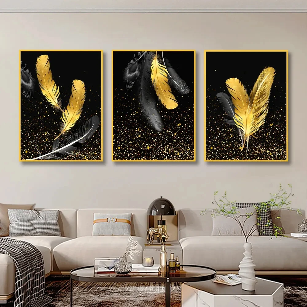 Diy Diamond Painting 3pcs Gold Feather Black Triptych Full 5D Rhinestone Mosaic Diamond Embroidery Wall Art EE4048