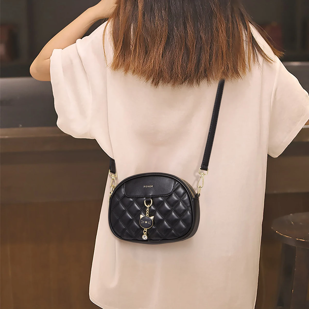 

FOXER Brand Women's Synthetic Leather Quilted Crossbody Bag Female Diamond Pattern Zipper Adjustable Strap Shoulder Shell Bag