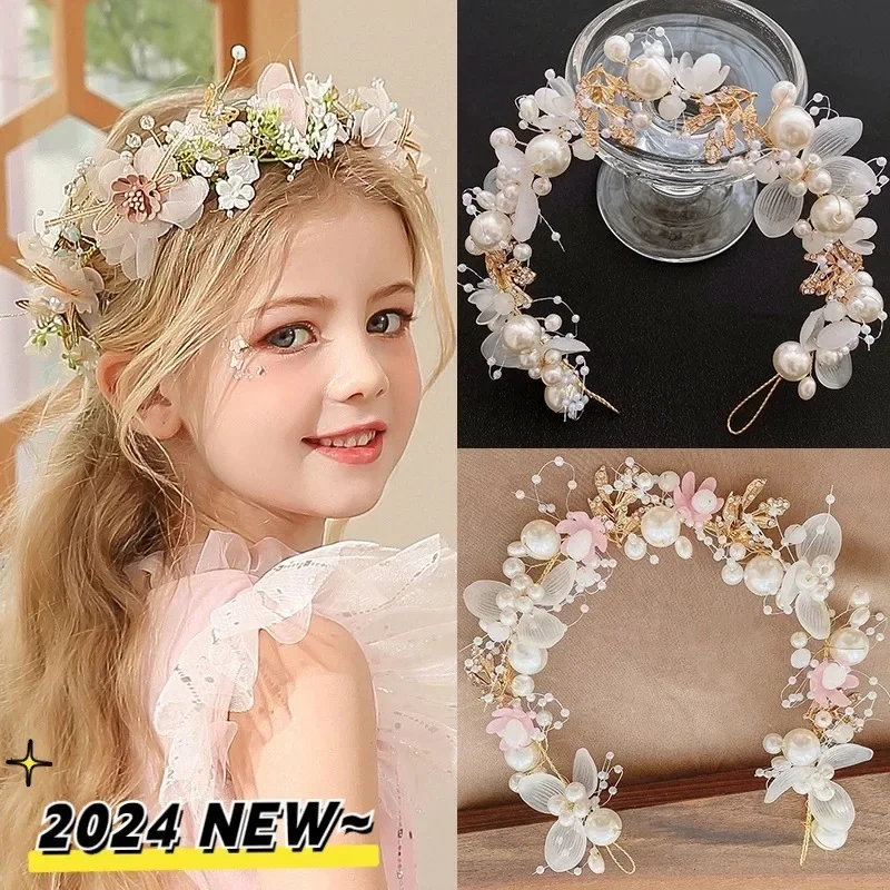 Spring  Girls Bridal Pearl Hair Headdress Flower Wreath Bride Garland Head Hoop Headbands Hair Jewelry Children Gifts