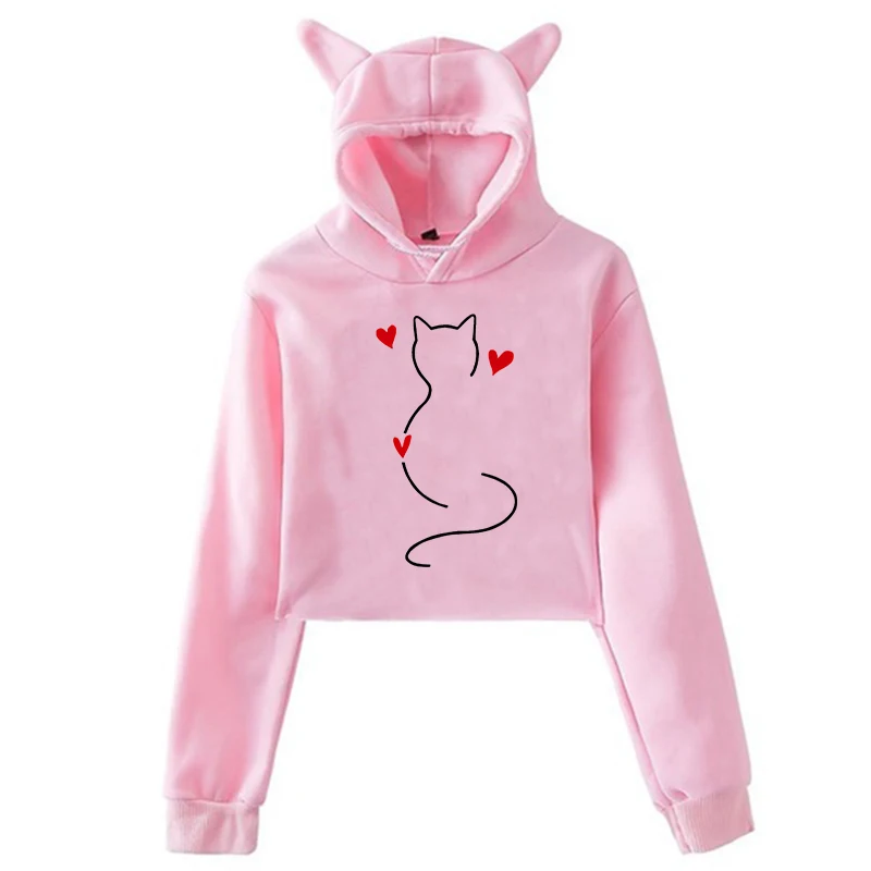 Damen Langarm Print Katzenohren Crop Tops Kapuze 90er Jahre Alle Jahreszeiten Harajuku Streetwear Kleidung Katze und Herz abgeschnittene Hoodies