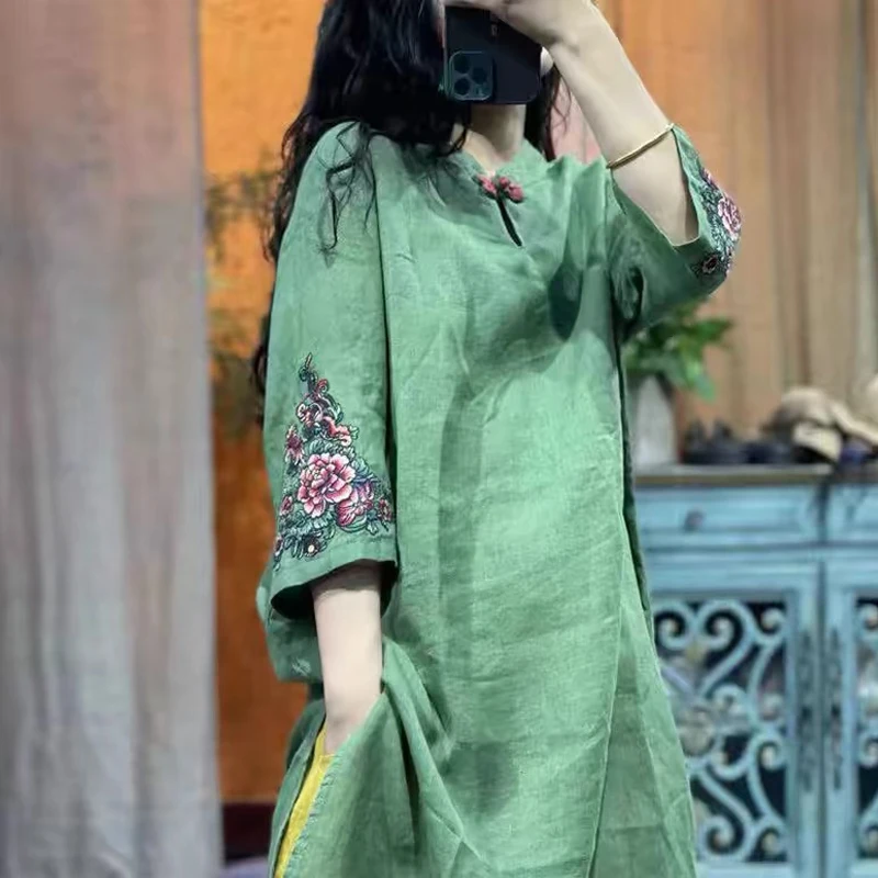 

Новая китайская хлопково-льняная юбка середины свечения Dr, женская летняя легкая льняная юбка с вышивкой на пуговицах