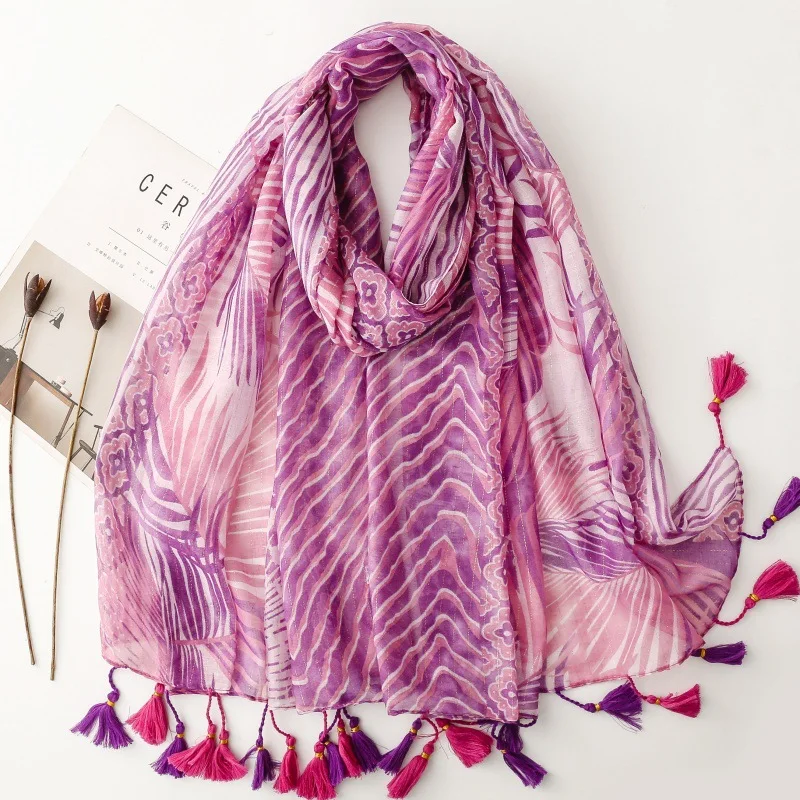 

2025 Fashion New Women Feather Print Tassel Scarf Shawls Beach Soft Wraps Hijab Wholesale 6 Color 10pcs/LOT