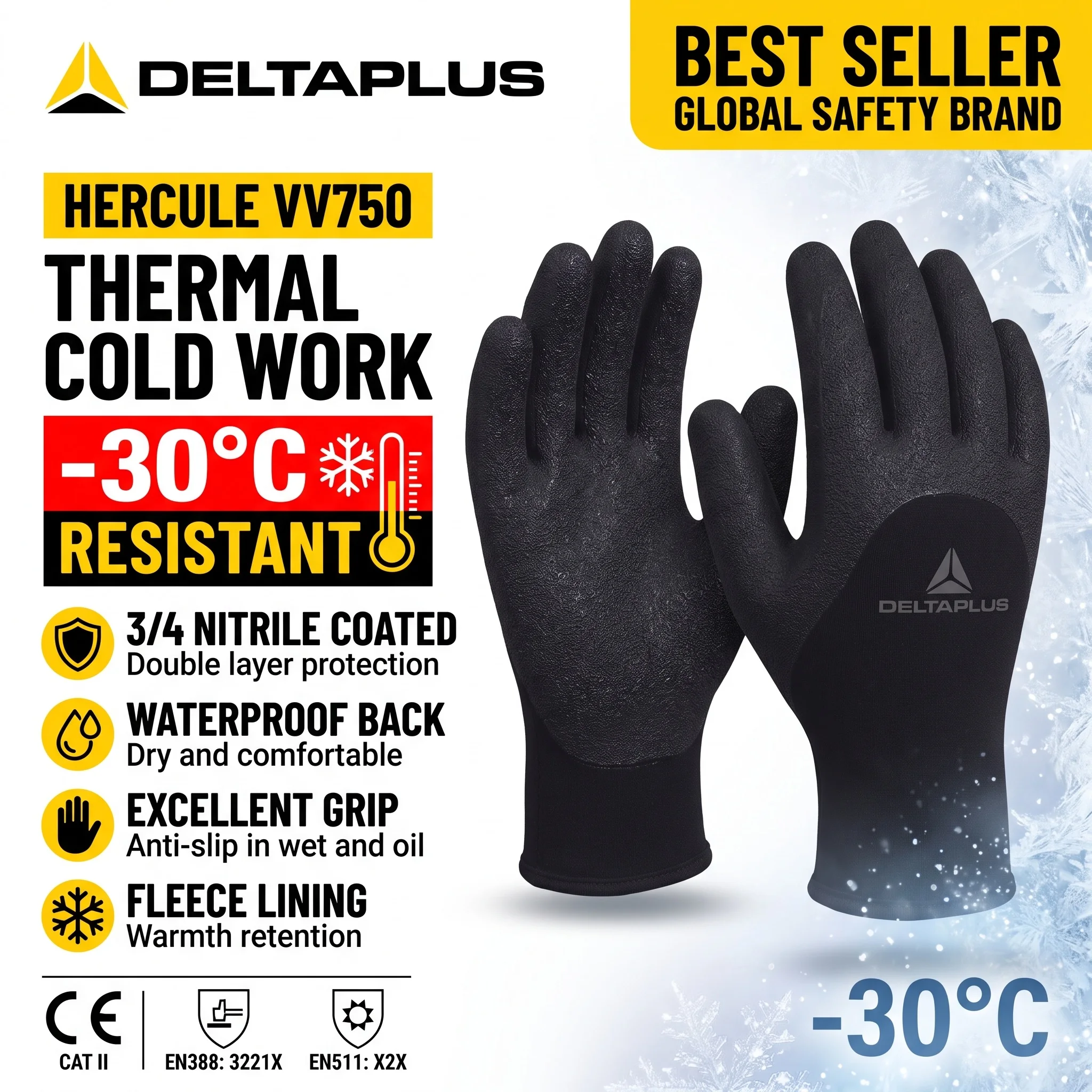 DELTAPLUS VV750 Nitrile Coated Work Gloves Winter Cold Proof Thermal Safety Working Glove Guantes De Trabajo