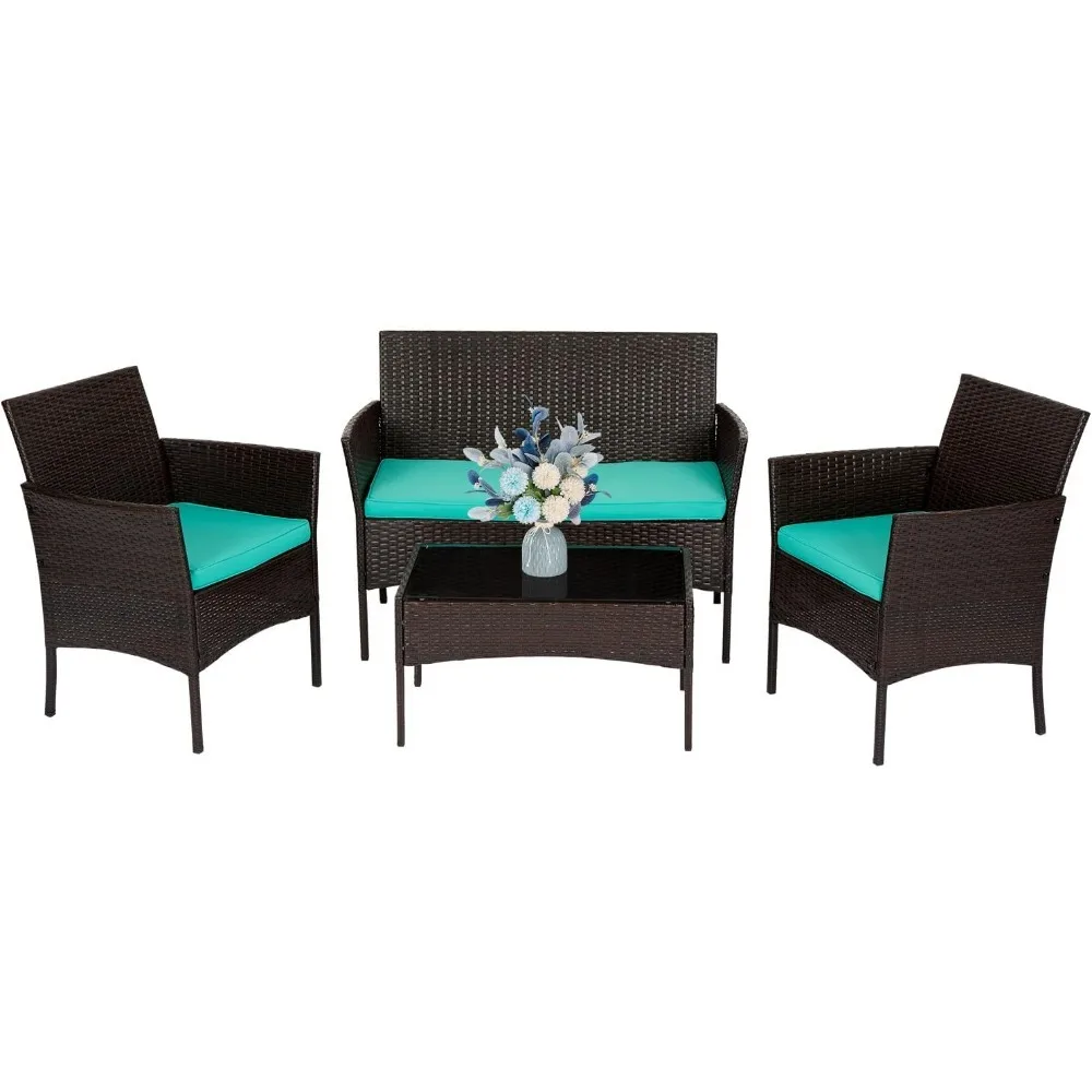 

4-piece Patio Furniture Set,Brown & Blue,Outdoor Wicker Furniture With Coffee Table,Modern Rattan Chairs Conversation Set