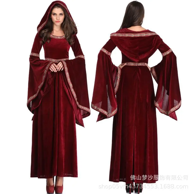 Women Medieval Renaissance Burgundy Dress Vintage Flared Sleeves A-Line Long Dresses Halloween Party Cosplay Costumes