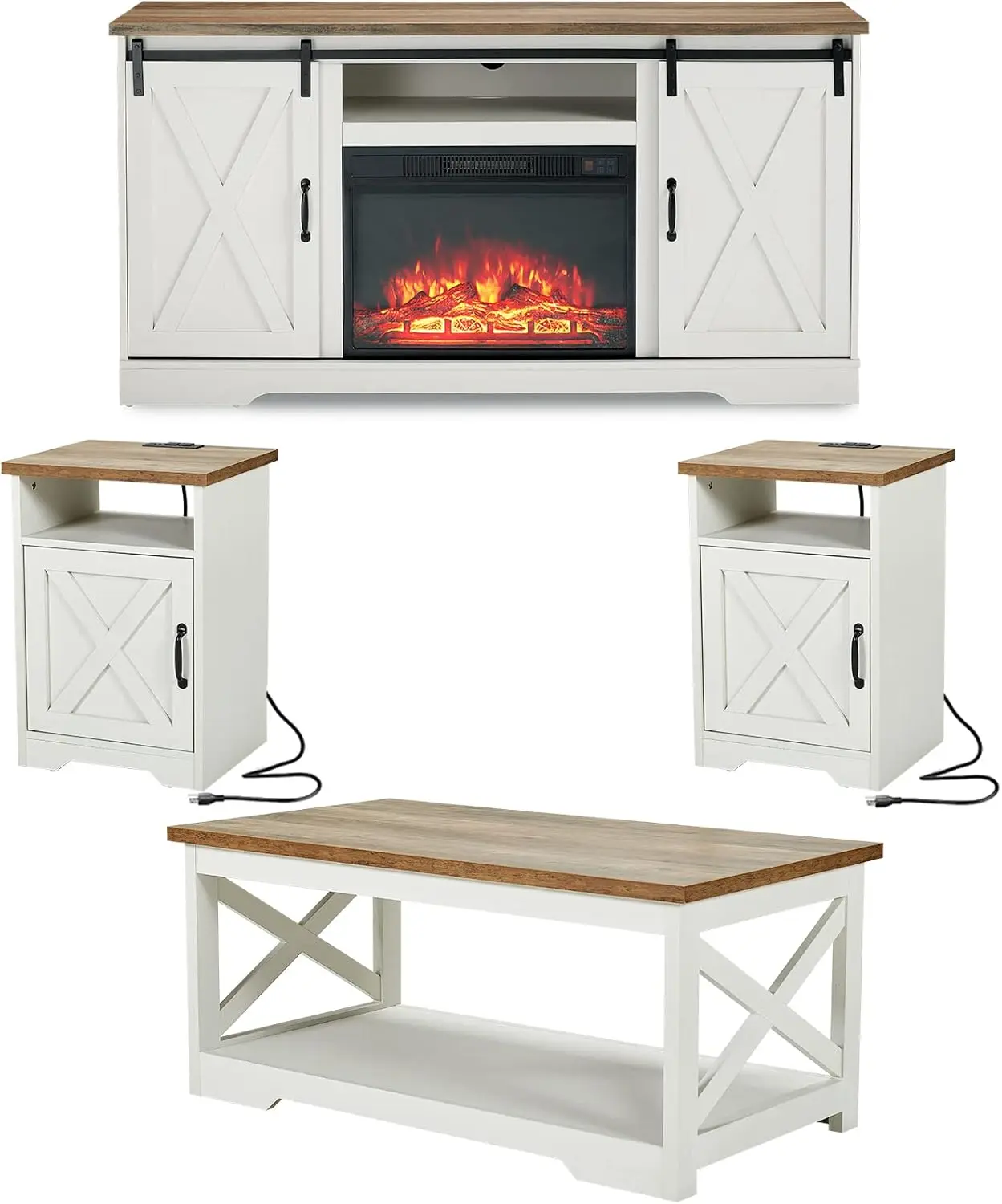 

5-Piece Farmhouse Table Set Includes Fireplace TV Stand, Coffee Table& Two End Tables with Charging Station and USB Ports