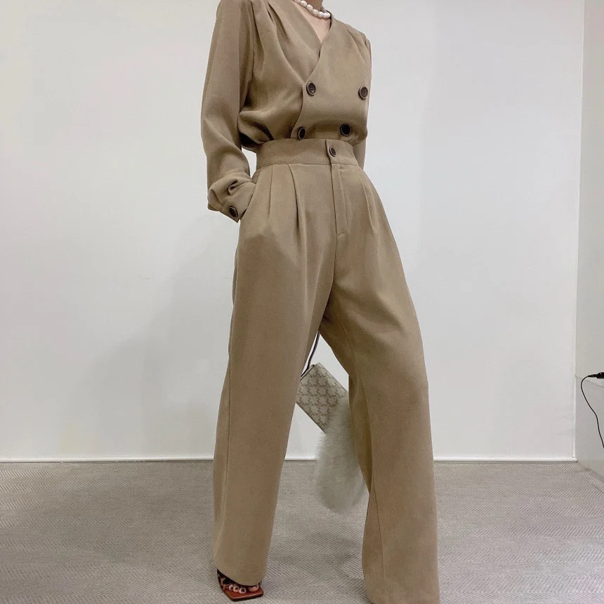 

Double Breasted Design Short Jacket and Pants High Waist Wide Legs Elastic Casual Trousers Suit Elegant Ladies Korean Fashion