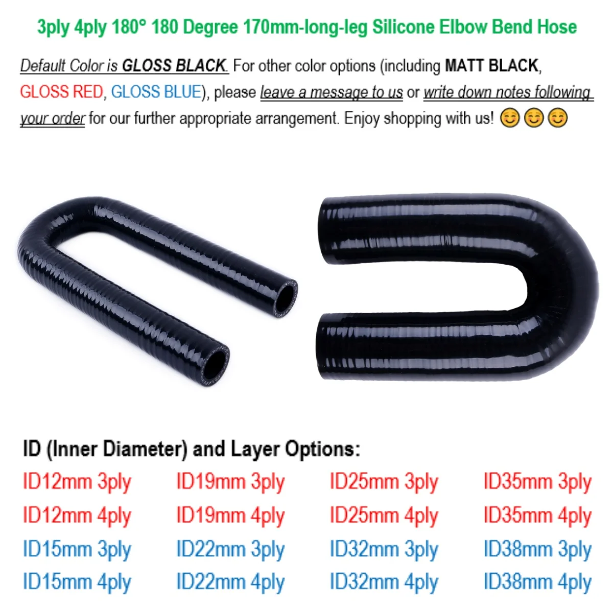 Gloss Black 180° 180 Degree Elbow Bend 3ply 4ply 170mm-long-leg Silicone Hose ID 12mm 15mm 19mm 22m 25mm 32mm 35mm 38mm