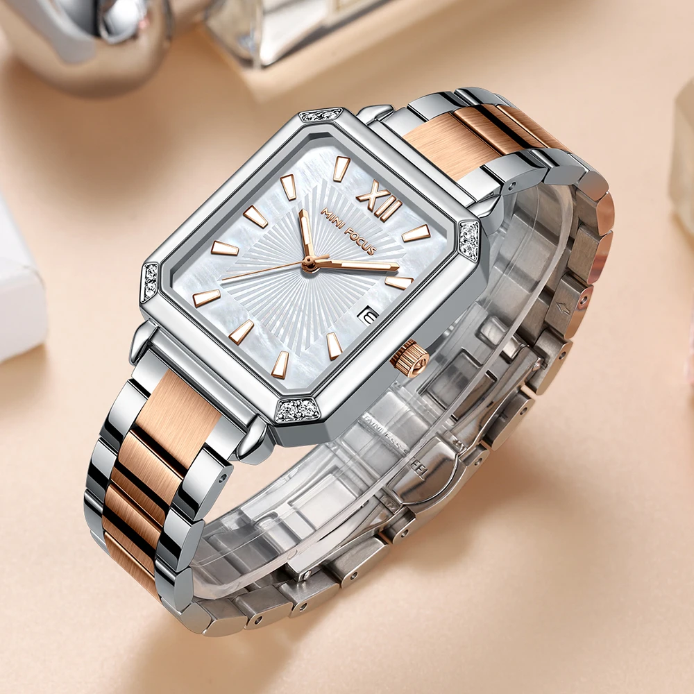 MINI FOCUS Elegant Square Ladies Watch Genuine Mother-of-Pearl Dial Stainless Steel 0472L