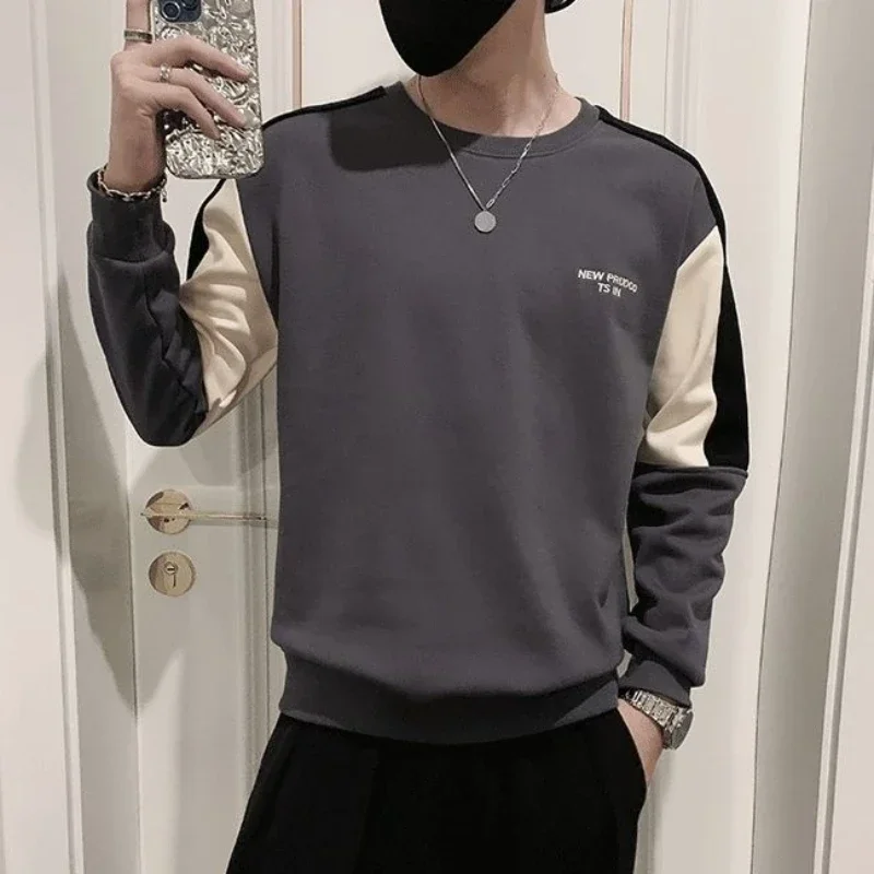 Tops Pullover Round Neck T Shirts for Men Spliced Male Clothes Baggy Embroidery Full Sleeve Fashion Trends 2024 Korean Autumn It image 6