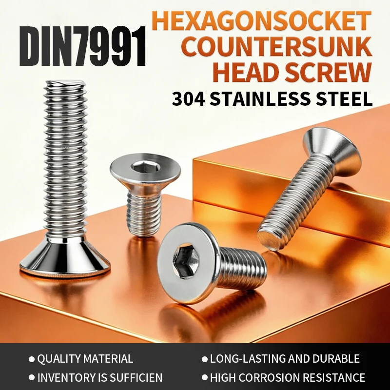 304 Stainless Steel Hexagon Socket Countersunk Machine Bolts DIN7991 Allen Flat Head Metric Fasteners  M3M4M5M6M8M10M12 ISO10642