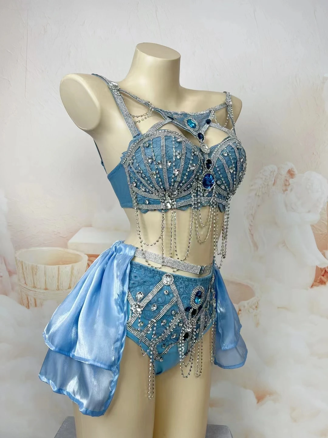 Nightclub Bar Sexy Stage Wear Blue Rhinestones Beading Bikini Gogo Dancer Electric Music Festival Outfit Party Show Costume