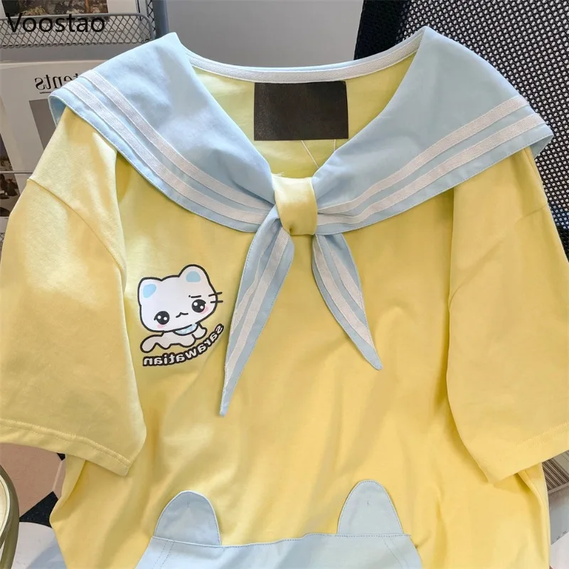 اليابانية Kawaii لوليتا نمط تي شيرت المرأة الحلو الكرتون القط طباعة بحار طوق بلوزات فضفاضة الصيف الفتيات Y2k جماليات تيز